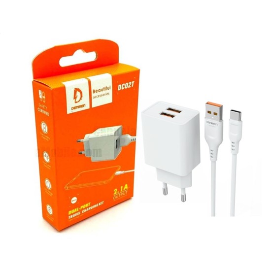 CHARGER ADAPTER DENMEN DC02T DUAL USB PORTS 2.4A WITH TYPE C USB CABLE WHITE